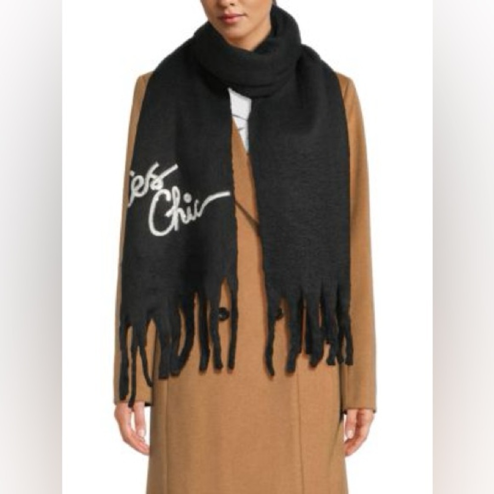 Karl Lagerfeld Paris “Très Chic” Embroidered Scarf – Black – Fringe Trim